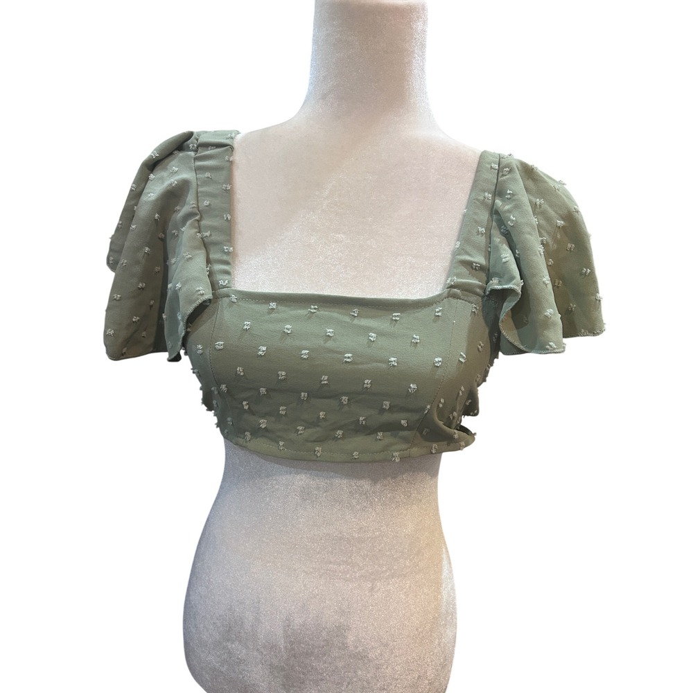 Sage Green Textured Square Neck Flutter Sleeve Crop Top Tie Back